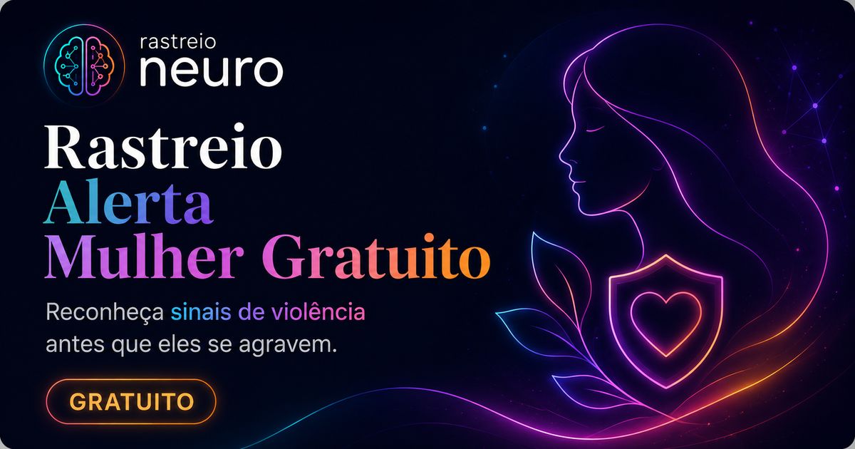 Cartaz neon do Rastreio Neuro: Rastreio Alerta Mulher Gratuito, com silhueta feminina e escudo, fundo escuro.