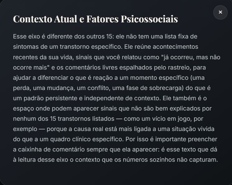 Eixos de ciclotimia, trauma, transtorno delirante, personalidade e contexto psicossocial no RastreioNeuro Completo.